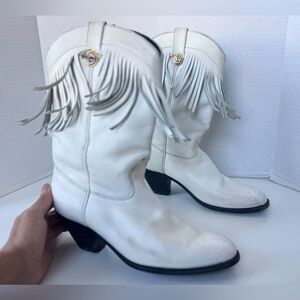 Vintage 90s Dingo White Leather Fringe Western Cowboy Boots Womens Size 7.5